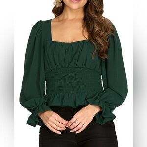 She & Sky Square Neck Ruched Bust Smocked Waist Puff Sleeve Hunter Green Top